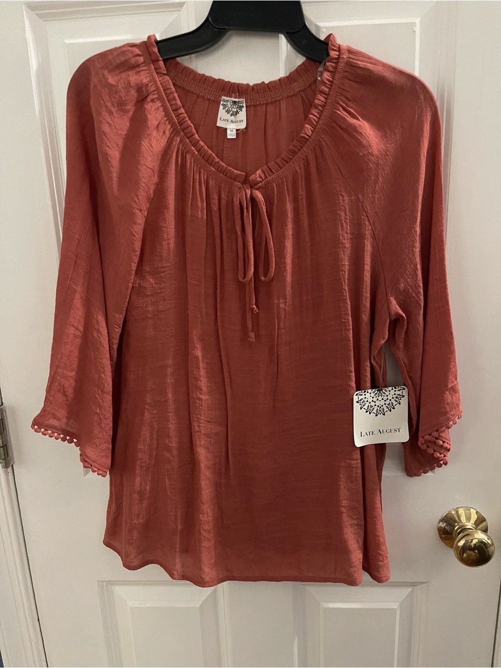 Late August Women's Rust Tie-Front Peasant Blouse